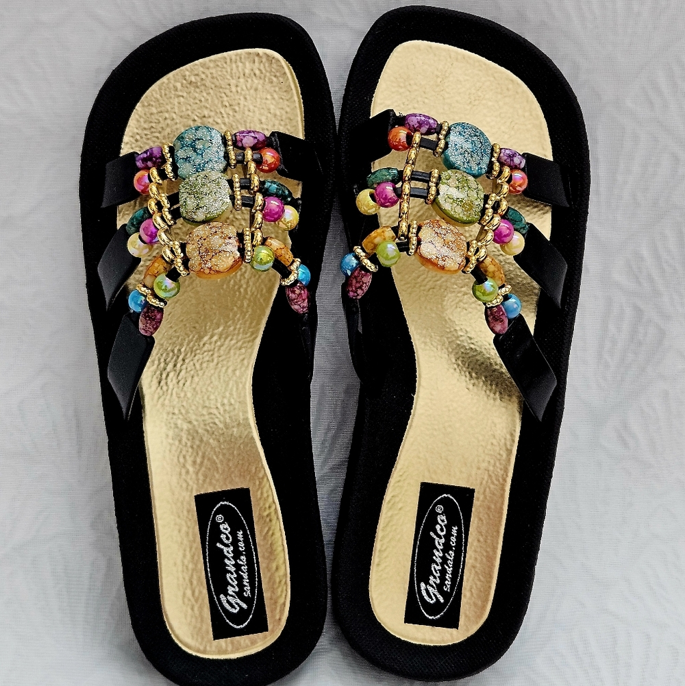 NWOB Grandco Mystical Slide Sandals Beaded Jeweled Waterproof Black Gold Sz 7
